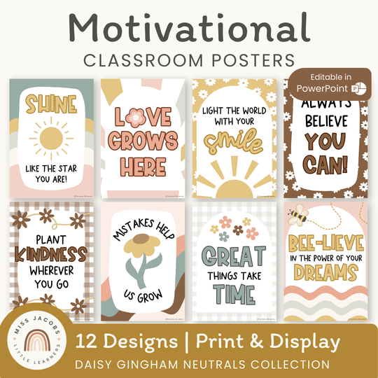 Inspirational Classroom Posters - Daisy Gingham Neutrals Decor