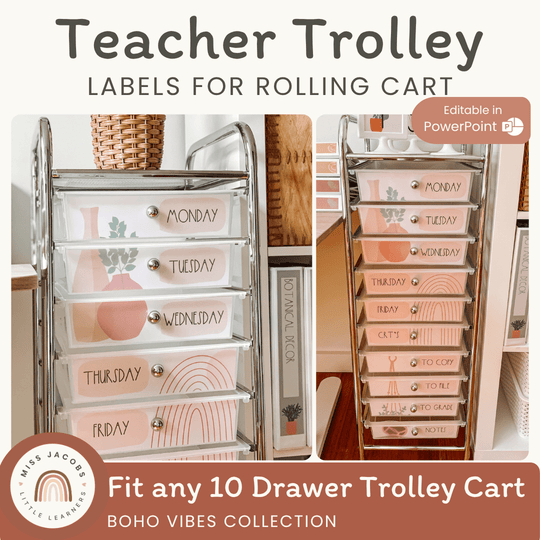 Modern Boho Vibes 10 Drawer Trolley Labels | Editable