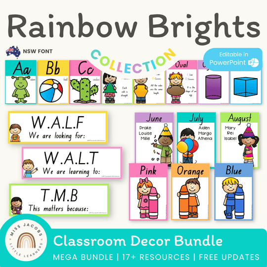 NSW Font Rainbow Brights Classroom Decor Bundle