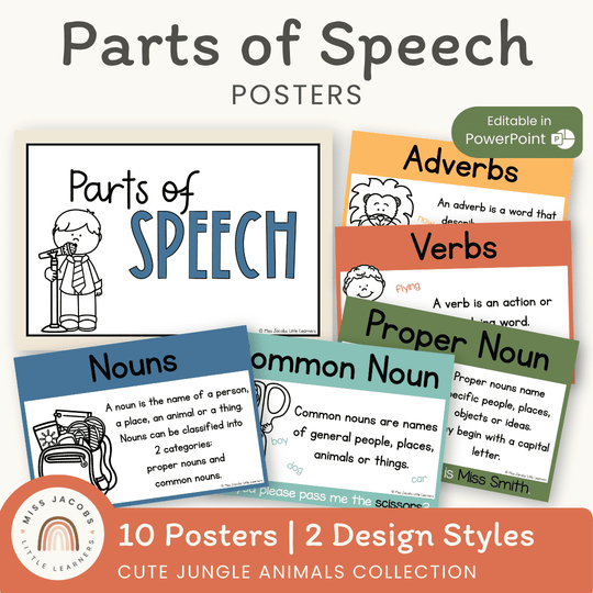 Parts of Speech Posters - Cute Jungle Animals Theme
