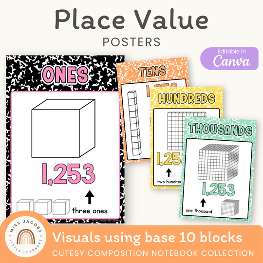 Place Value Posters - Base 10 Blocks - Cutesy Composition Notebook Math Decor