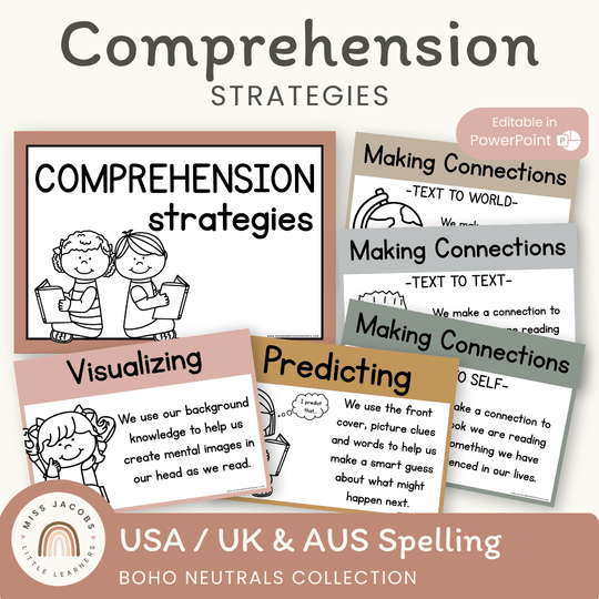 Reading Comprehension Strategies Posters - Boho Neutrals Theme