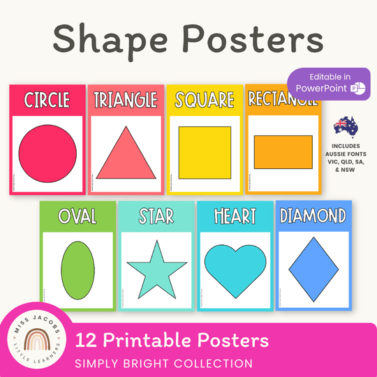 Shape Posters | Modern Simple Brights | Rainbow Classroom Decor | Editable