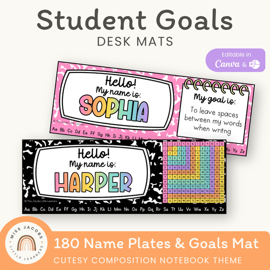 Student Desk Name Plate & Goals Mat - Cutesy Composition Notebook Decor