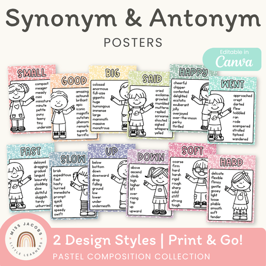 Synonym and Antonym Posters - Pastel Composition Notebook English Decor