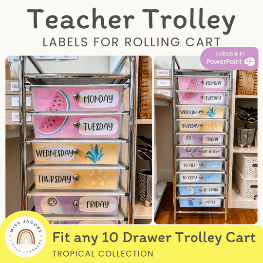 Teacher Rolling Cart Labels | Tropical Theme | Editable