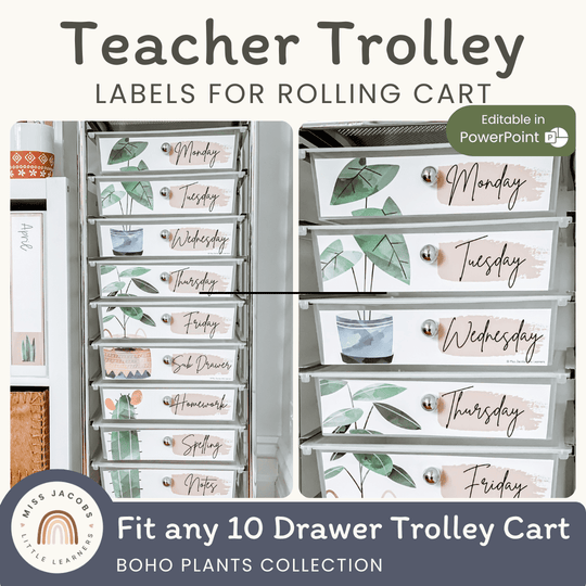 Teacher Trolley Labels for Rolling Cart - Boho Plants Decor