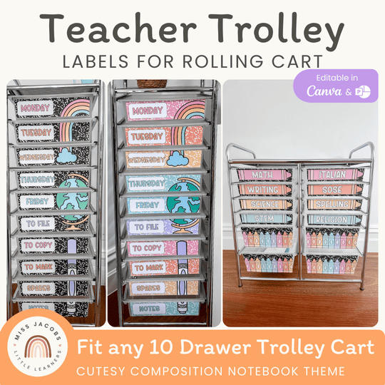 Teacher Trolley Labels for Rolling Cart - Cutesy Composition Notebook