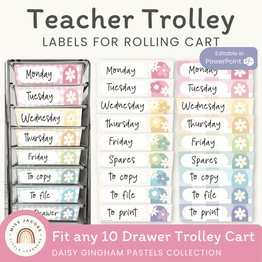 Teacher Trolley Labels for Rolling Cart - Daisy Gingham Pastels Decor