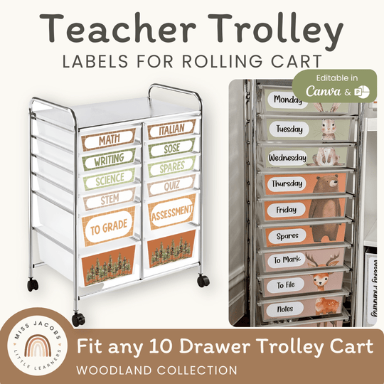 Teacher Trolley Labels for Rolling Cart - Woodland Classroom Decor