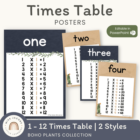 Times Table Chart - Boho Plants Classroom Decor