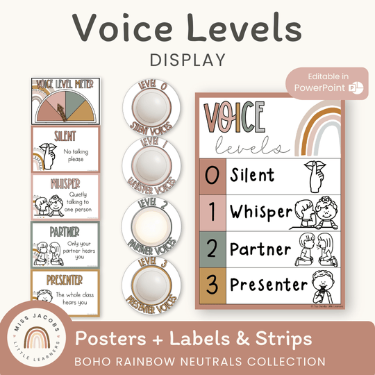 Voice Levels Chart - Boho Rainbow Neutrals Classroom Decor