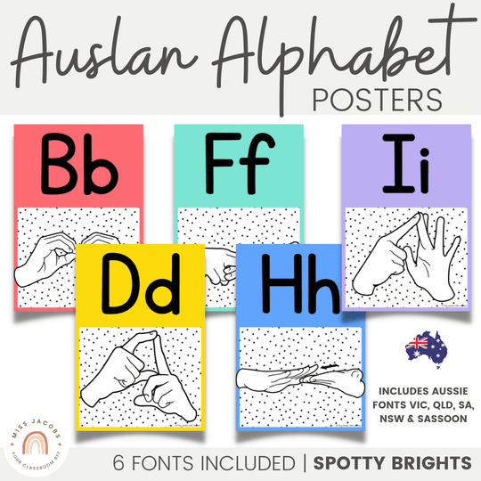 Auslan Alphabet Posters - Australian Sign Language - Spotty Bright
