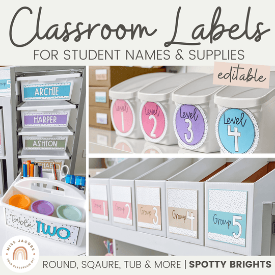 Classroom Labels Student Names & Supplies - Spotty Bright